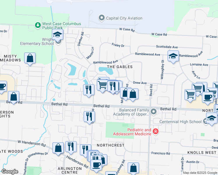 map of restaurants, bars, coffee shops, grocery stores, and more near 2090 Crown Plaza Drive in Columbus