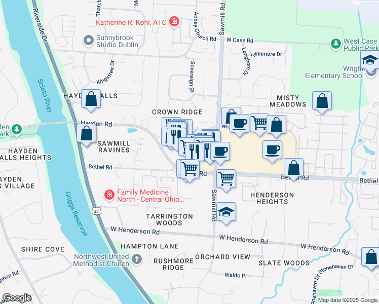 map of restaurants, bars, coffee shops, grocery stores, and more near 2900 Bethel Road in Columbus