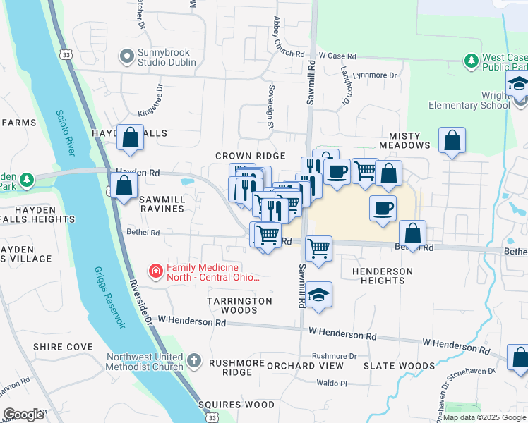 map of restaurants, bars, coffee shops, grocery stores, and more near 2900 Bethel Road in Columbus