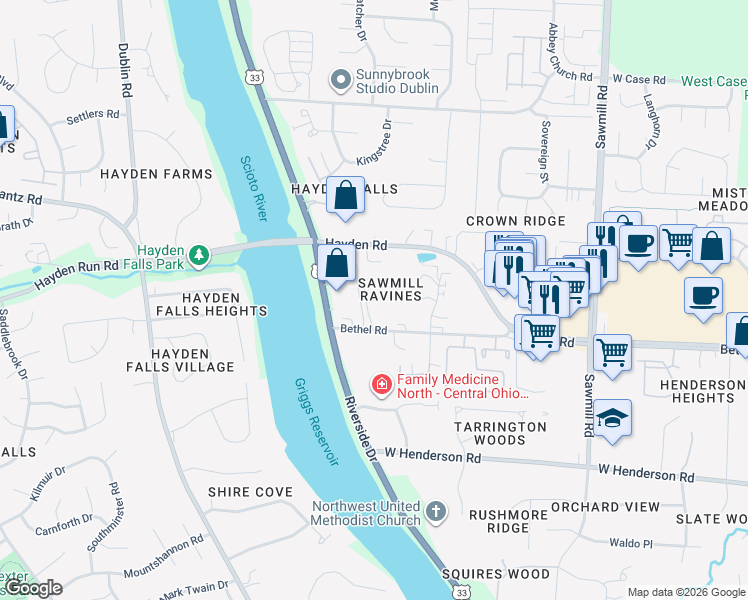 map of restaurants, bars, coffee shops, grocery stores, and more near 3170-3194 Bethel Road in Columbus