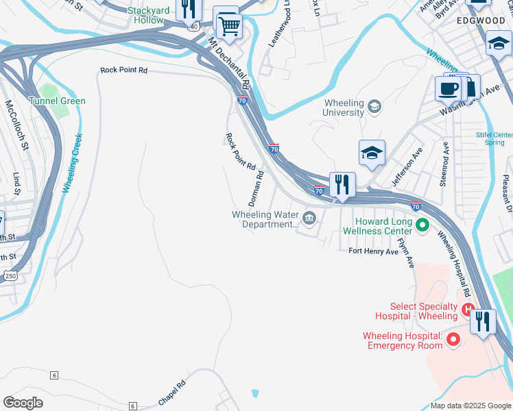 map of restaurants, bars, coffee shops, grocery stores, and more near 25 Dorman Rd in Wheeling