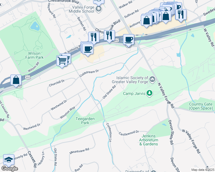map of restaurants, bars, coffee shops, grocery stores, and more near 272 Old State Road in Berwyn