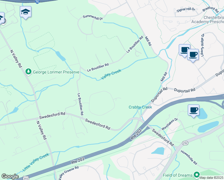 map of restaurants, bars, coffee shops, grocery stores, and more near 1380 Eaves Spring Drive in Malvern