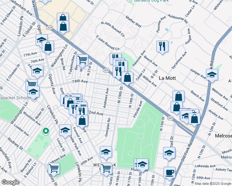 map of restaurants, bars, coffee shops, grocery stores, and more near 1908 Penfield Street in Philadelphia