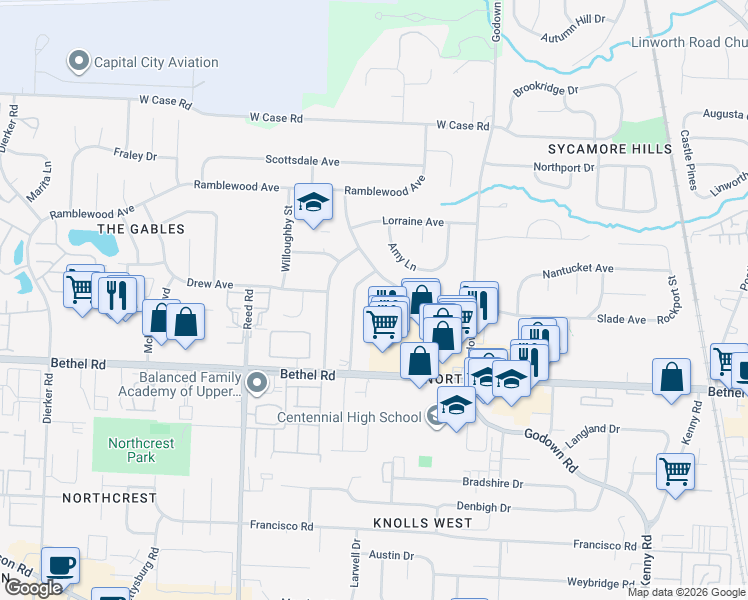 map of restaurants, bars, coffee shops, grocery stores, and more near in Columbus