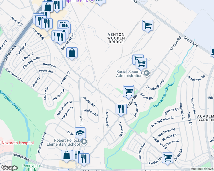 map of restaurants, bars, coffee shops, grocery stores, and more near 2745 Applehouse Road in Philadelphia