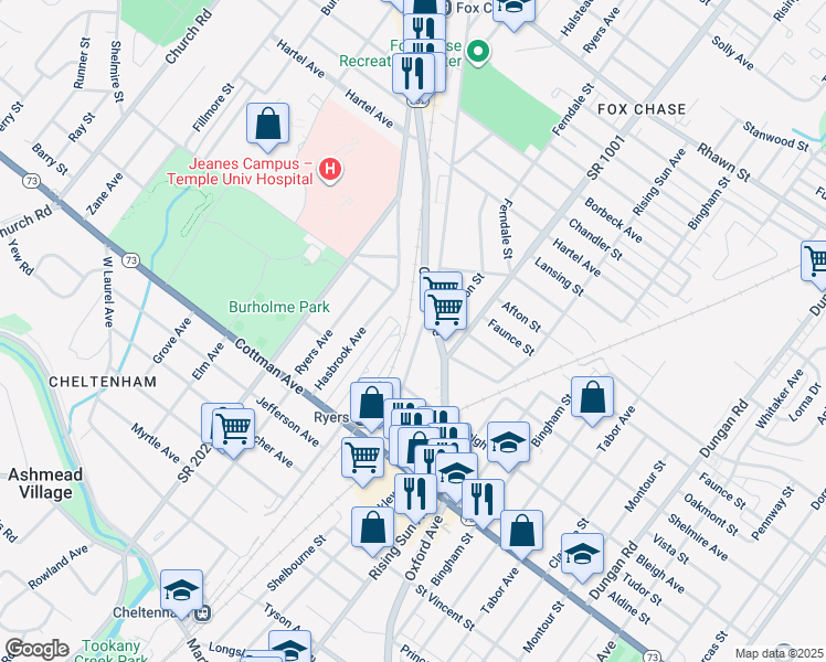map of restaurants, bars, coffee shops, grocery stores, and more near 7444 Rockwell Avenue in Philadelphia