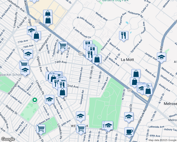 map of restaurants, bars, coffee shops, grocery stores, and more near 1906 1/2 Penfield Street in Philadelphia