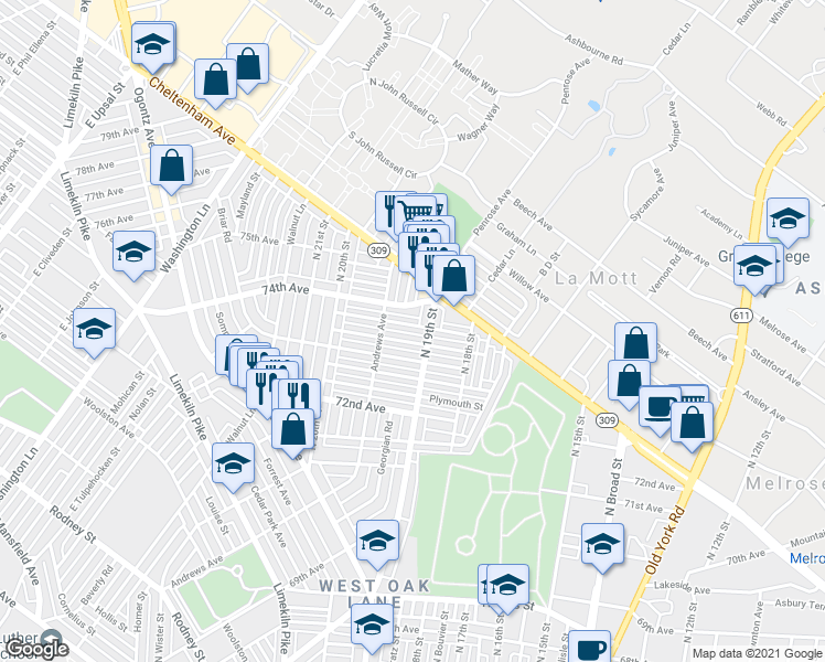 map of restaurants, bars, coffee shops, grocery stores, and more near 1908 Penfield Street in Philadelphia