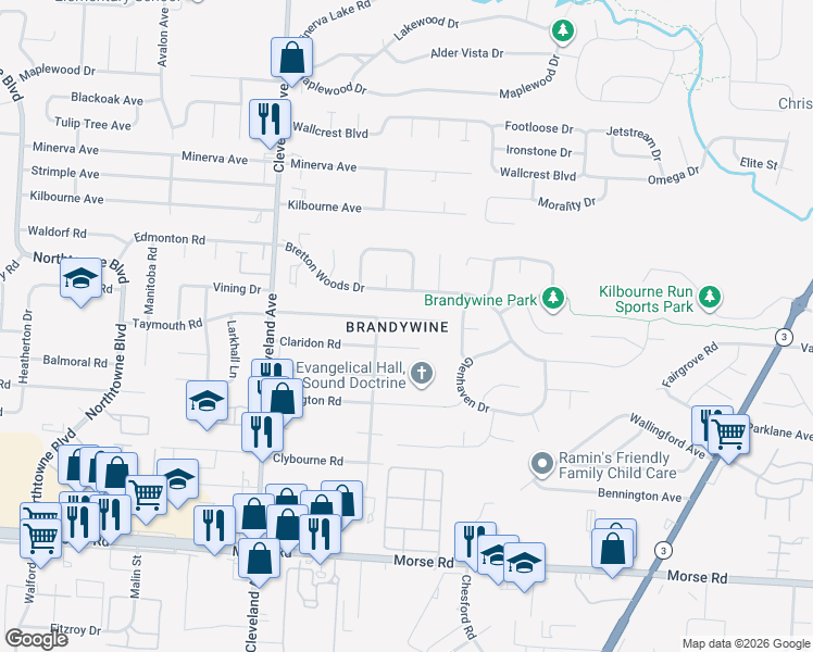 map of restaurants, bars, coffee shops, grocery stores, and more near 2703 Northwold Road in Columbus