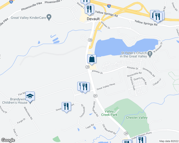 map of restaurants, bars, coffee shops, grocery stores, and more near 601 North Morehall Road in Malvern