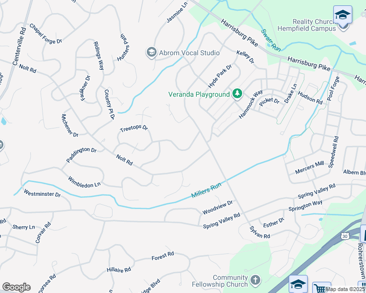 map of restaurants, bars, coffee shops, grocery stores, and more near 308 Winding Hill Drive in Lancaster