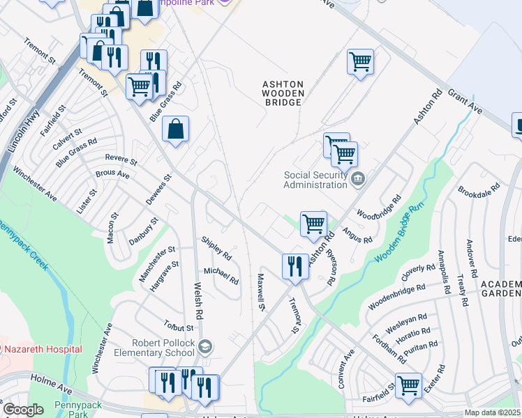 map of restaurants, bars, coffee shops, grocery stores, and more near 2745 Applehouse Road in Philadelphia