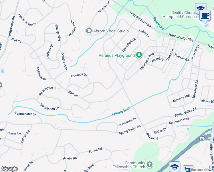 map of restaurants, bars, coffee shops, grocery stores, and more near 308 Winding Hill Drive in Lancaster