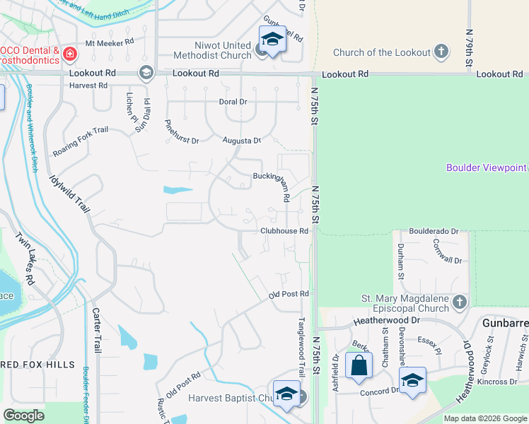 map of restaurants, bars, coffee shops, grocery stores, and more near 7330 Buckingham Court in Boulder