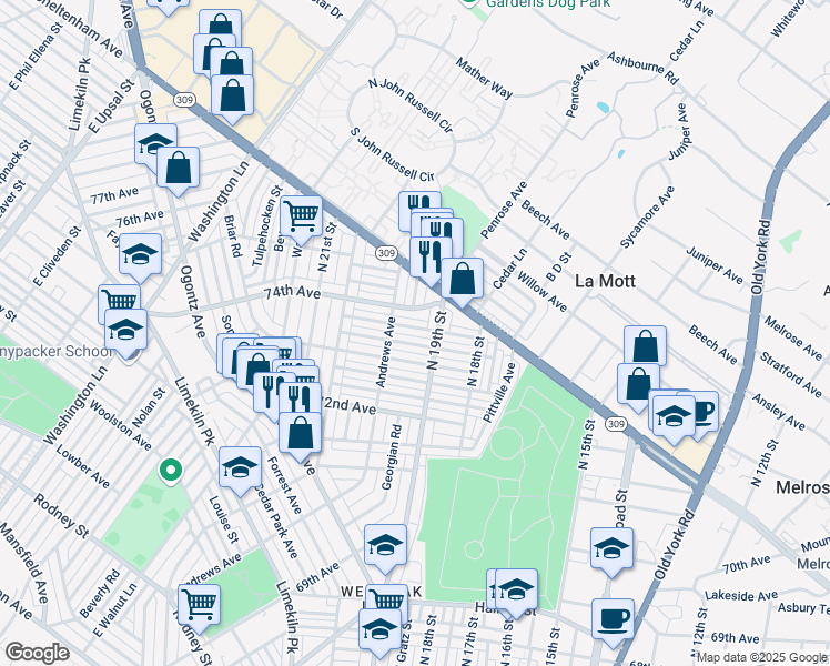 map of restaurants, bars, coffee shops, grocery stores, and more near 1940 Penfield Street in Philadelphia