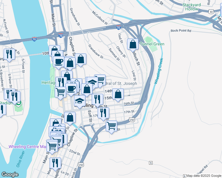 map of restaurants, bars, coffee shops, grocery stores, and more near 121 14th St in Wheeling