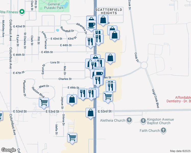 map of restaurants, bars, coffee shops, grocery stores, and more near Charles Street in Anderson