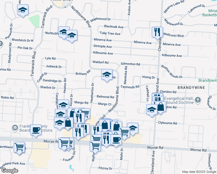 map of restaurants, bars, coffee shops, grocery stores, and more near 4767 Northtowne Boulevard in Columbus