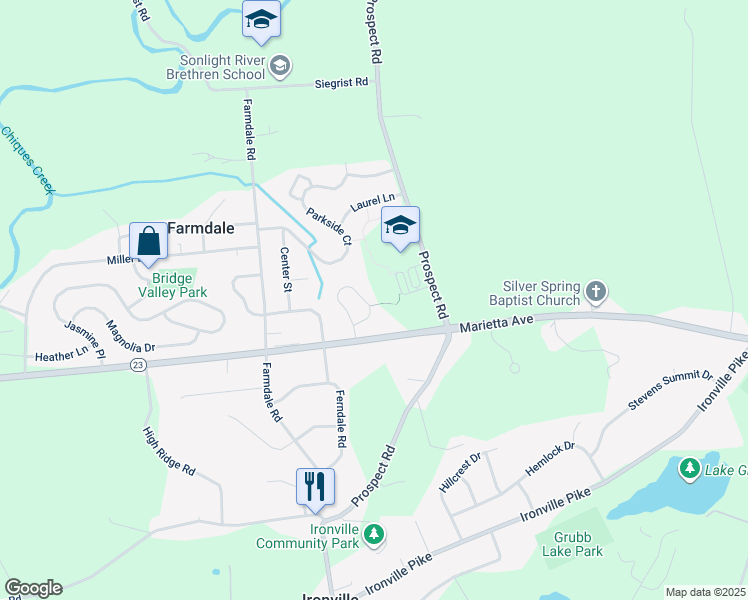 map of restaurants, bars, coffee shops, grocery stores, and more near 842 Penny Lane in Mount Joy