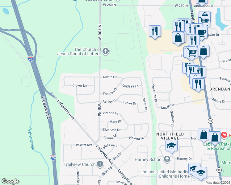 map of restaurants, bars, coffee shops, grocery stores, and more near 1429 Thomas Drive in Lebanon