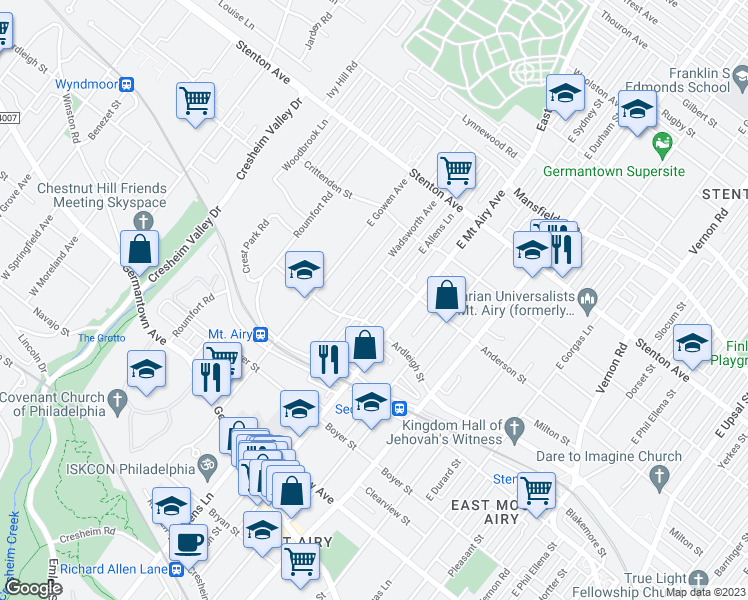 map of restaurants, bars, coffee shops, grocery stores, and more near 417 East Allens Lane in Philadelphia