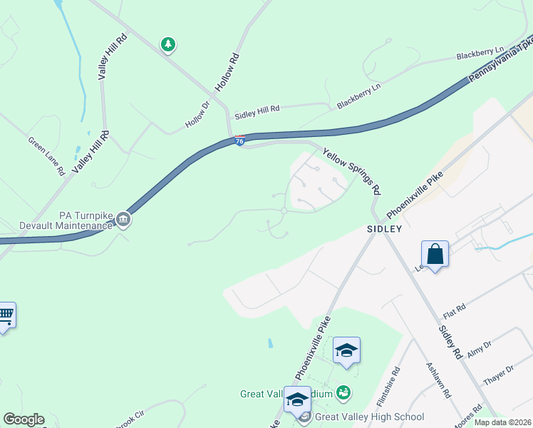 map of restaurants, bars, coffee shops, grocery stores, and more near 203 Yorktown Court in Malvern