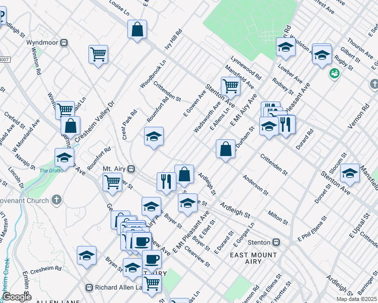 map of restaurants, bars, coffee shops, grocery stores, and more near 417 East Allens Lane in Philadelphia