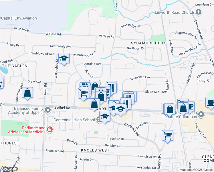 map of restaurants, bars, coffee shops, grocery stores, and more near 5430 Godown Road in Columbus
