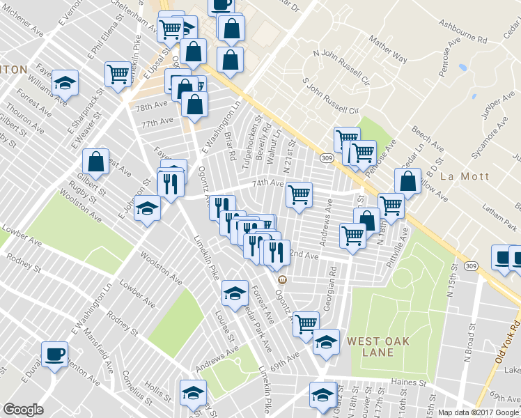 map of restaurants, bars, coffee shops, grocery stores, and more near 7203 Briar Road in Philadelphia