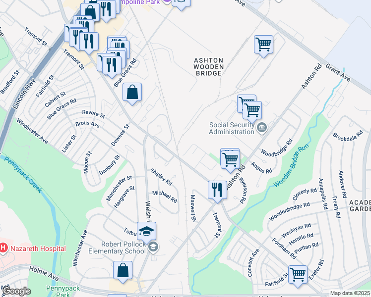 map of restaurants, bars, coffee shops, grocery stores, and more near 2750 Applehouse Road in Philadelphia