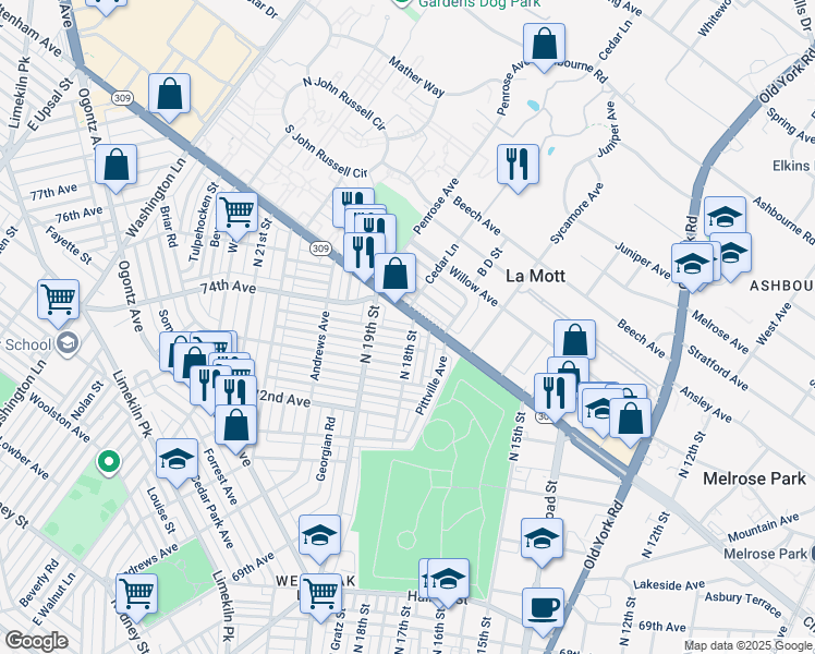 map of restaurants, bars, coffee shops, grocery stores, and more near 1803 Penfield Street in Philadelphia