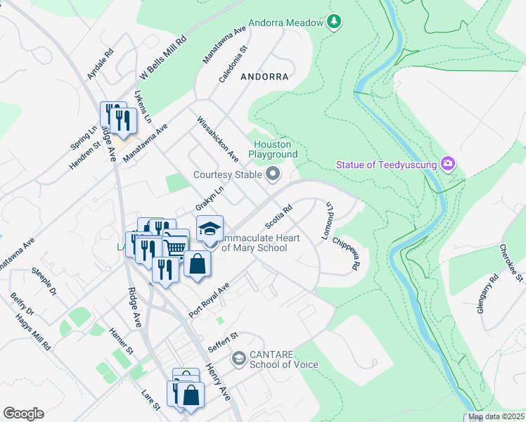 map of restaurants, bars, coffee shops, grocery stores, and more near 855 East Cathedral Road in Philadelphia