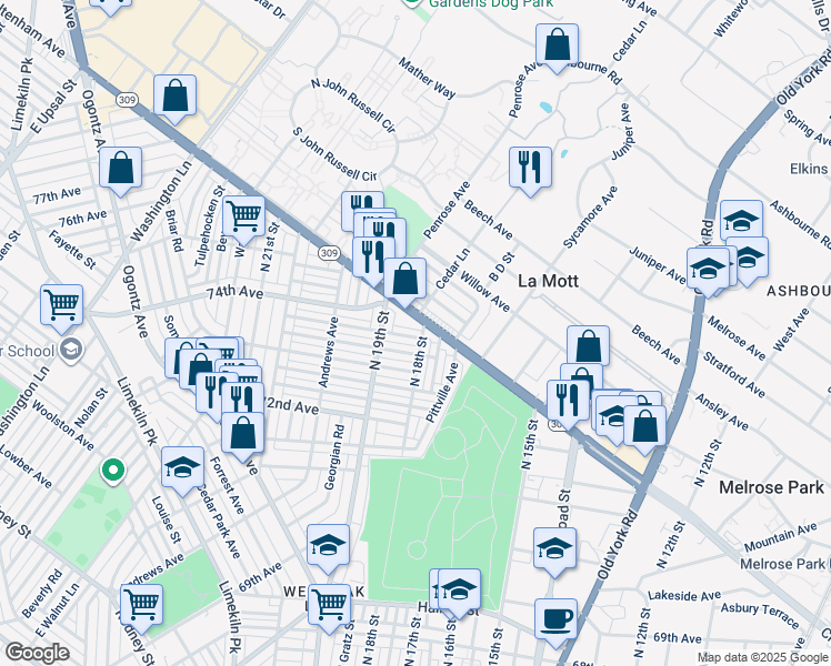 map of restaurants, bars, coffee shops, grocery stores, and more near 1803 Penfield Street in Philadelphia