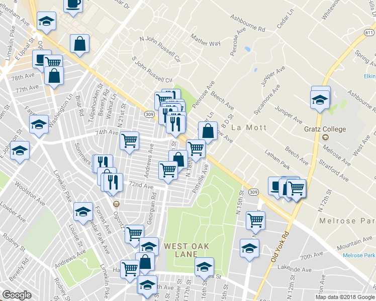 map of restaurants, bars, coffee shops, grocery stores, and more near 1807 Penfield Street in Philadelphia