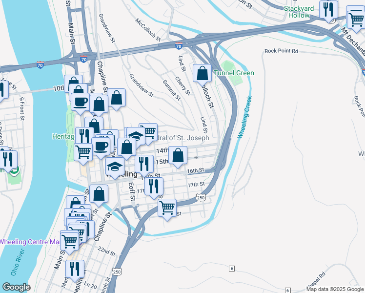 map of restaurants, bars, coffee shops, grocery stores, and more near 1392 Wood Street in Wheeling