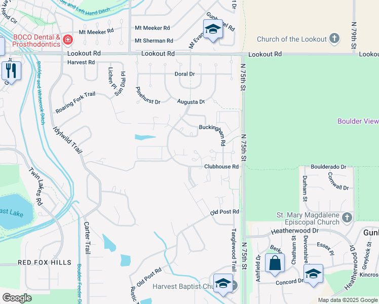 map of restaurants, bars, coffee shops, grocery stores, and more near 5049 Coventry Court in Boulder