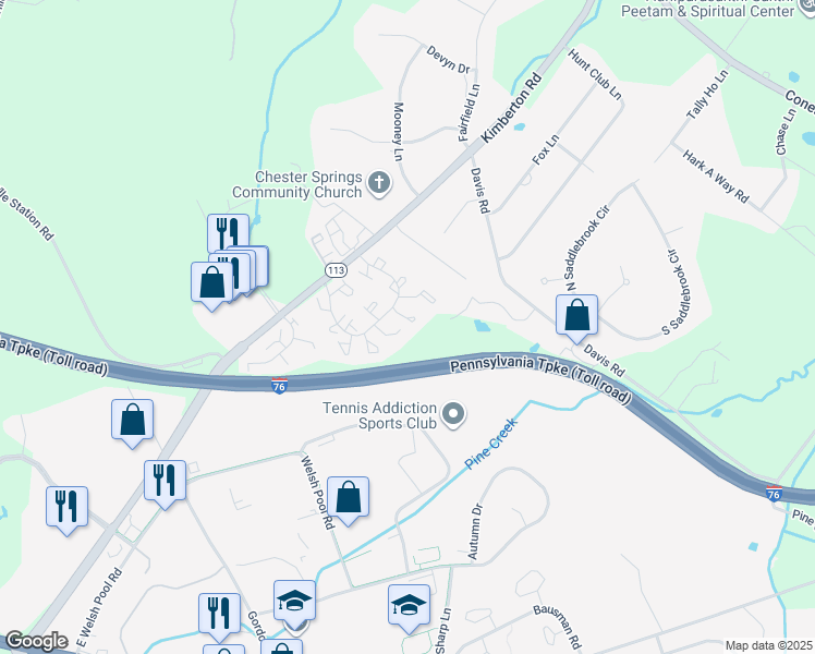 map of restaurants, bars, coffee shops, grocery stores, and more near 3807 Davis Court in Chester Springs