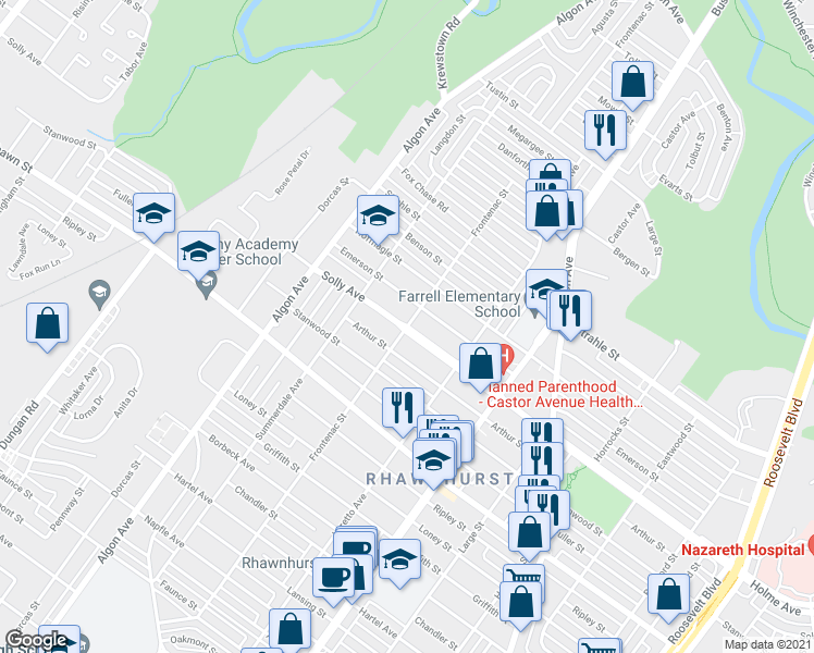 map of restaurants, bars, coffee shops, grocery stores, and more near Solly Ave & Frontenac St in Philadelphia