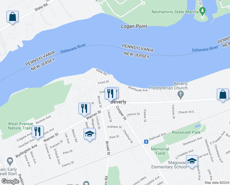 map of restaurants, bars, coffee shops, grocery stores, and more near 208 Cooper Street in Beverly