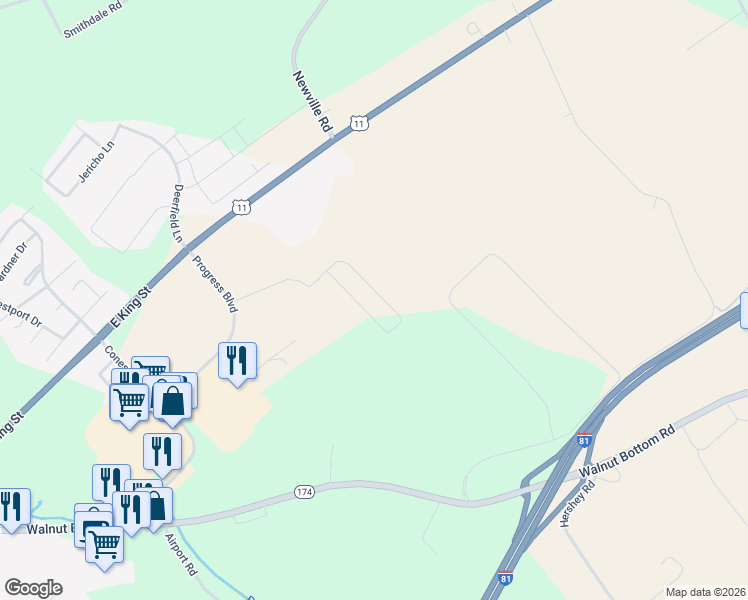 map of restaurants, bars, coffee shops, grocery stores, and more near 144 Blackbird Lane in Shippensburg