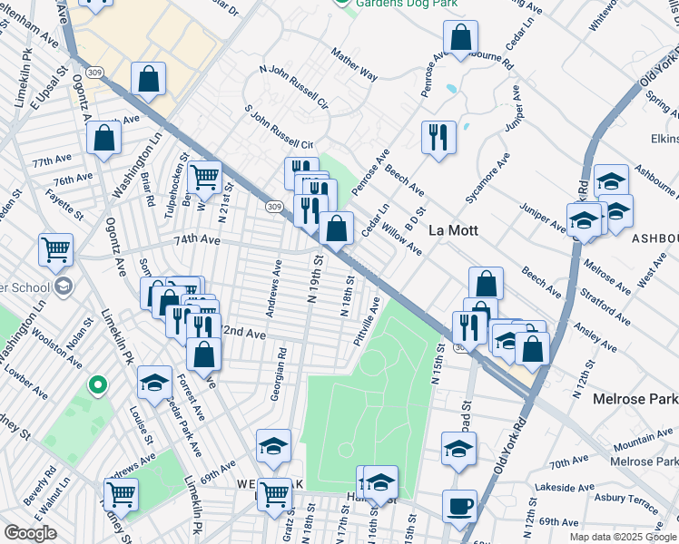 map of restaurants, bars, coffee shops, grocery stores, and more near 1815 Penfield Street in Philadelphia