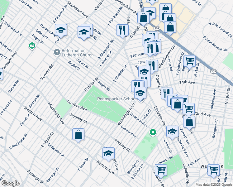 map of restaurants, bars, coffee shops, grocery stores, and more near 7521 Rugby Street in Philadelphia