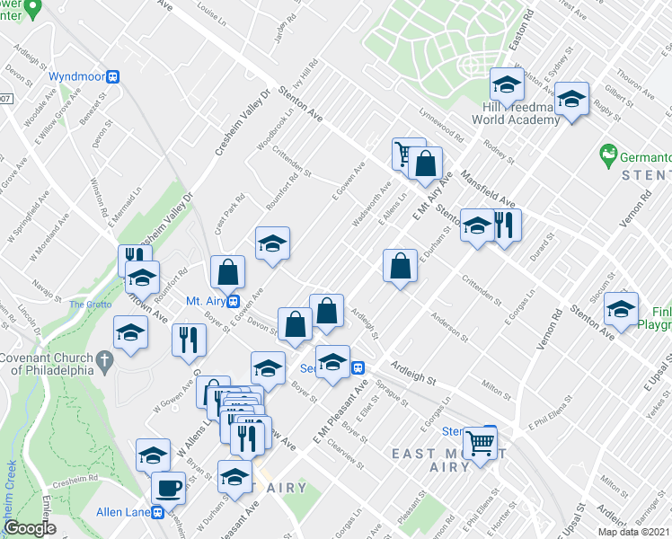 map of restaurants, bars, coffee shops, grocery stores, and more near 419 East Allens Lane in Philadelphia