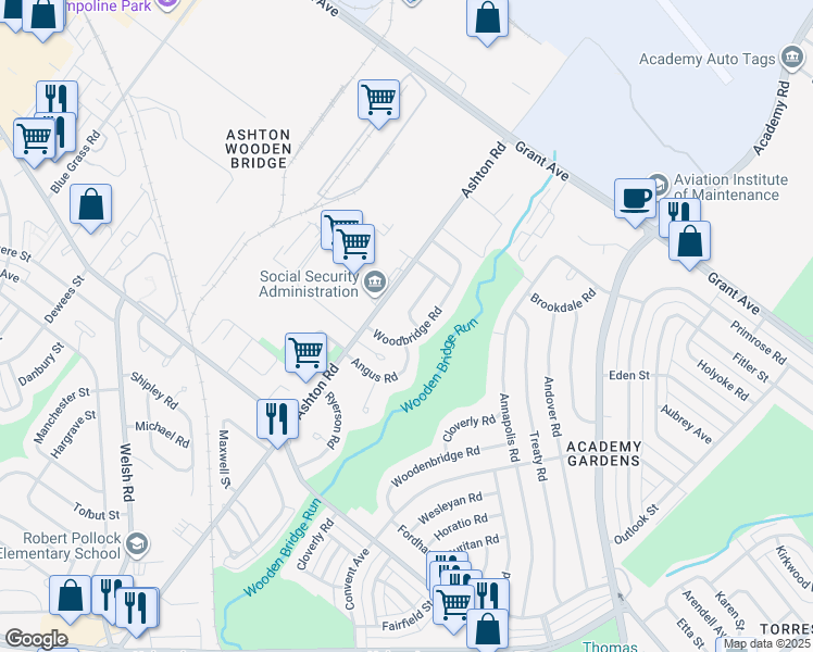 map of restaurants, bars, coffee shops, grocery stores, and more near 9424 Woodbridge Road in Philadelphia