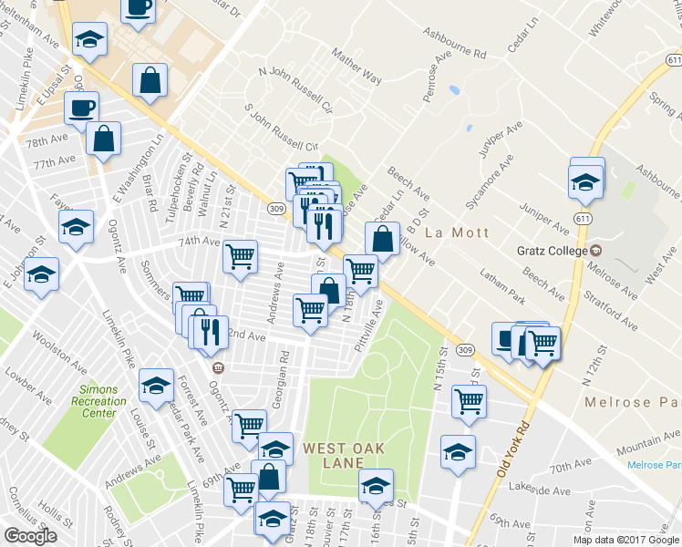 map of restaurants, bars, coffee shops, grocery stores, and more near 1817 Penfield Street in Philadelphia