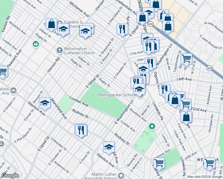 map of restaurants, bars, coffee shops, grocery stores, and more near 7553 Woolston Avenue in Philadelphia