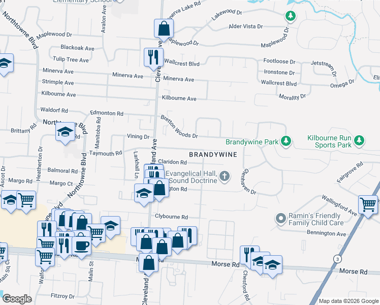 map of restaurants, bars, coffee shops, grocery stores, and more near 2583 Northwold Road in Columbus