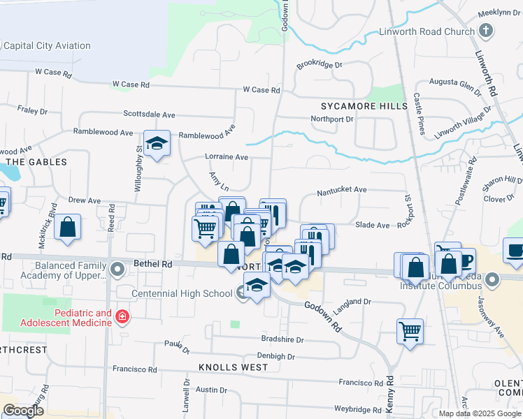 map of restaurants, bars, coffee shops, grocery stores, and more near 5430 Godown Road in Columbus