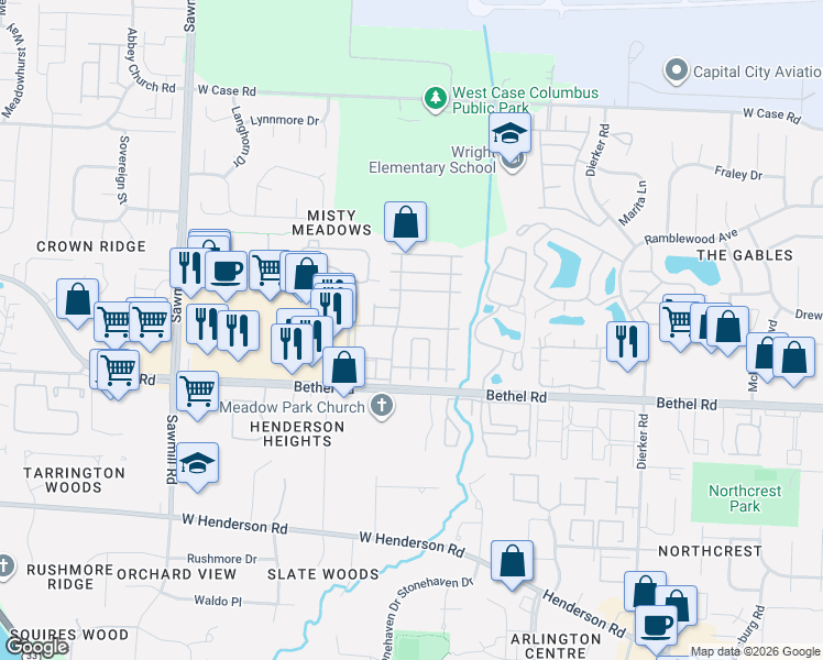 map of restaurants, bars, coffee shops, grocery stores, and more near 2514 Gardenia Drive in Columbus